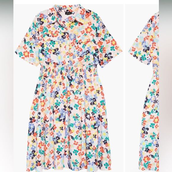 Halogen x Atlantic Pacific Smocked Utility Midi Dress in Pink Multi Paloma  XS - Picture 5 of 14